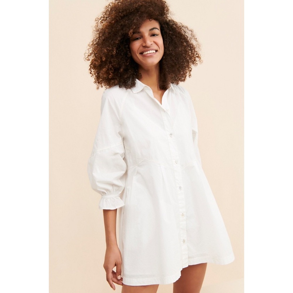 Free People Hannah White Poplin Button Front Ruffle Sleeve Mini Shirt Dress L